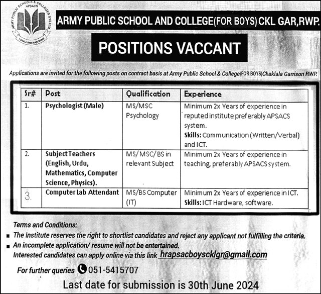 Army Public School & College APS&C Rawalpindi Jobs 2024