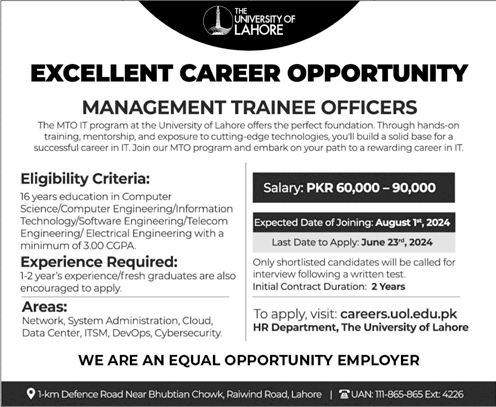 The University of Lahore Management Trainee Officers Jobs Batch 2024