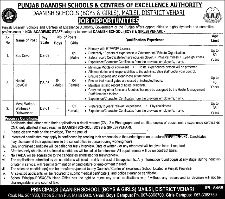 Punjab Daanish Schools Mailsi District Vihari Latest Job Opportunities 2024