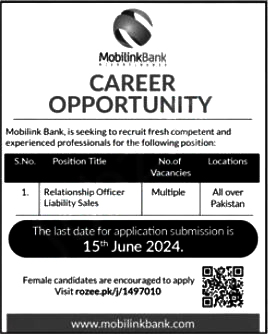 Mobilink Microfinance Bank Ltd Relationship Office Jobs 2024