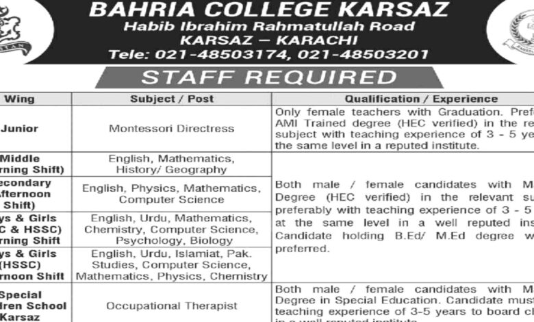 Bahria College Karsaz Karachi Latest Jobs July 2024