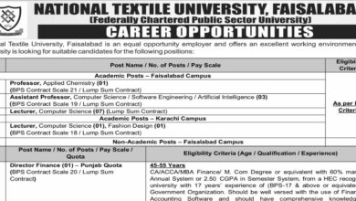 National Textile University NTU Faisalabad Jobs 2024