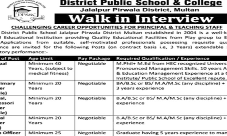 District Public School & College Multan ( Latest Career Opportunities 2024 )