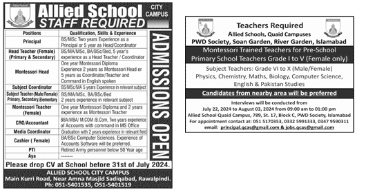 Allied School All Subjects Teaching Staff Jobs July 2024