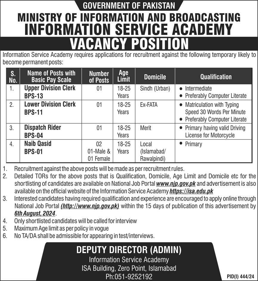 Ministry Of Information & Broadcasting Islamabad Latest Job Opportunities 2024