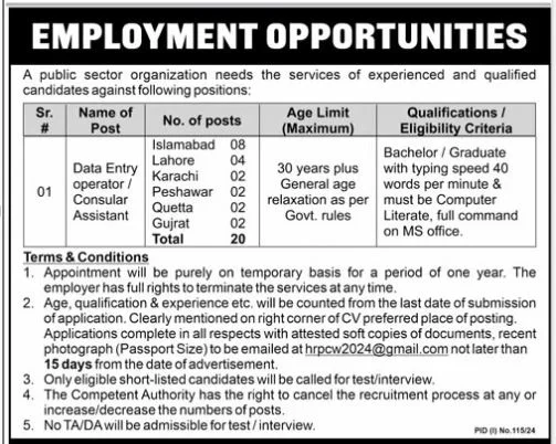 Public Sector Organization Islamabad Employement Opportunities 2024