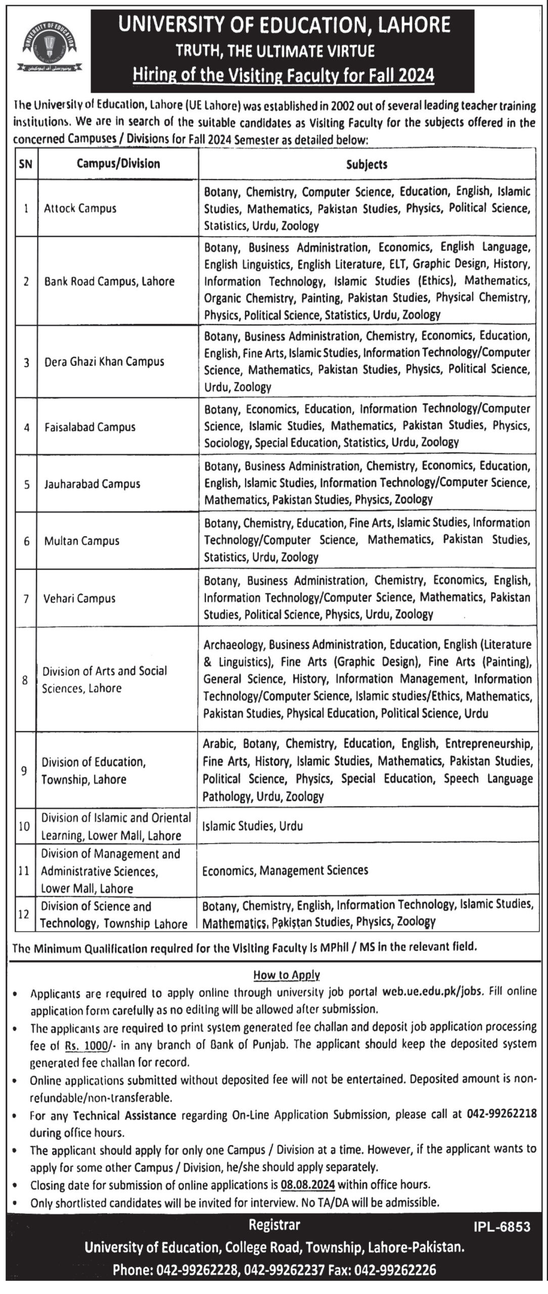 University Of Education Lahore Jobs 2024