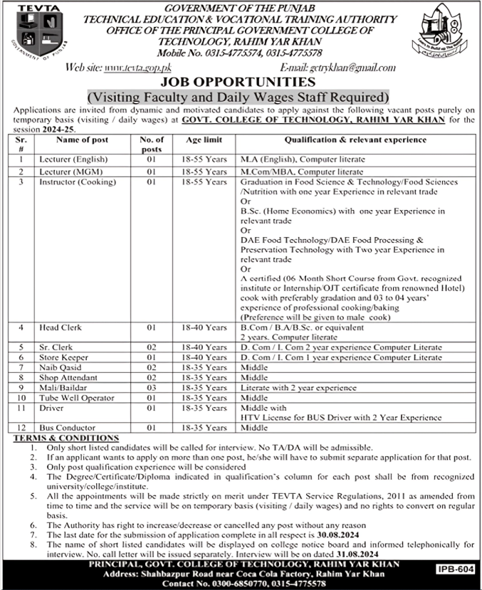 TEVTA Rahim Yar Khan Jobs 2024