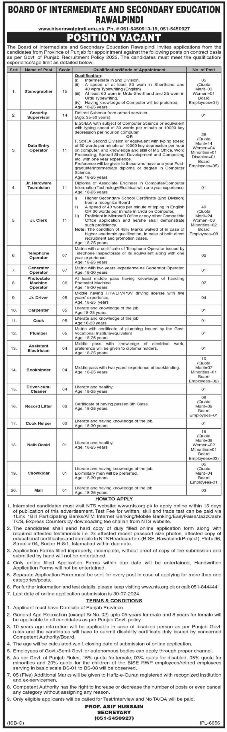 Rawalpindi Board of Intermediate and Secondary Education Jobs 2024