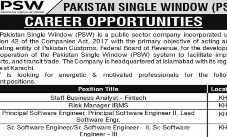 Pakistan Single Window PSW Karachi Latest Career Opportunities 2024