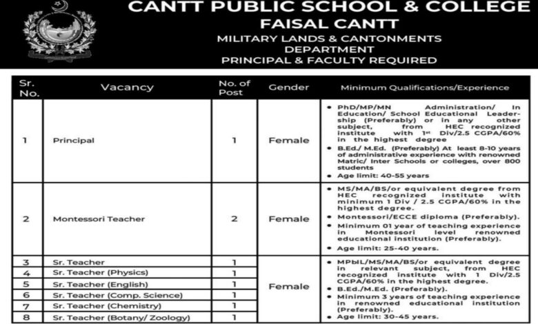 Cantt Public School & College Karachi Jobs 2024