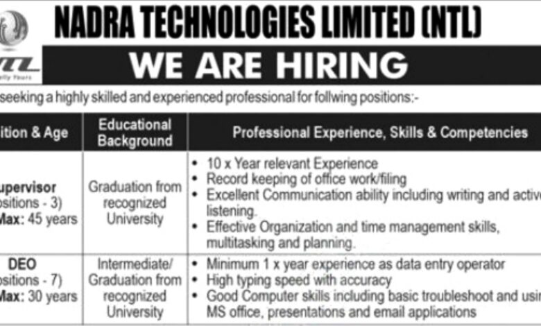 NADRA Technologies Limited NTL Islamabad Jobs Hiring August 2024