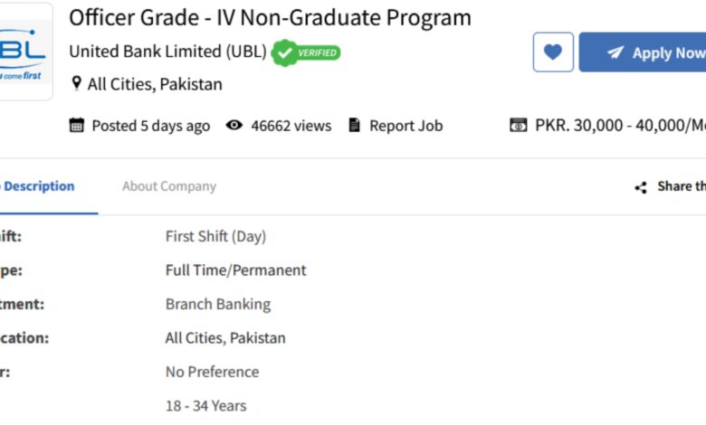 UBL Bank Officer Grade IV Non-Graduate Program Batch 2024