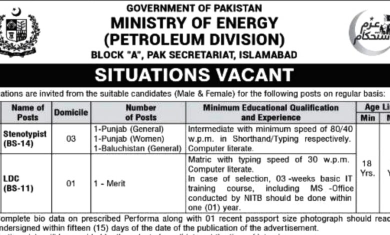 Ministry Of Energy Petroleum Division Islamabad Jobs 2024