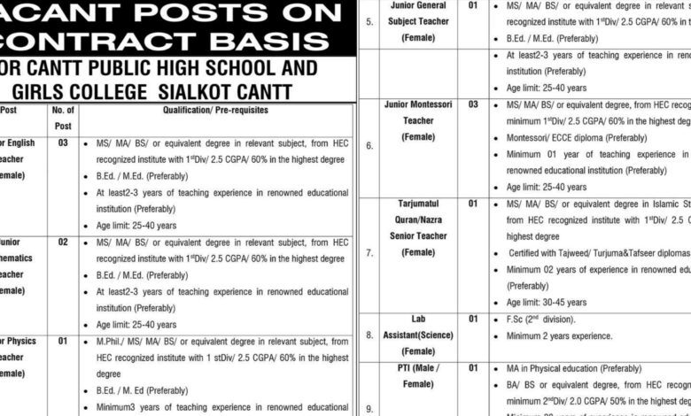 Cantt Public High School and Girls College Sialkot Jobs 2024