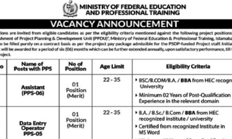 Ministry of Federal Education & Professional Training MOENT Islamabad Jobs 2024