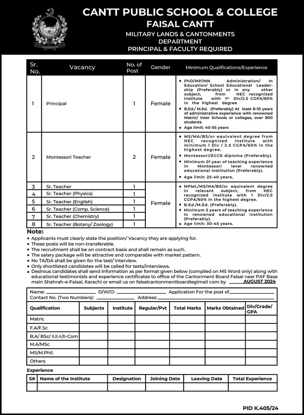 Cantt Public School & College Karachi Jobs 2024