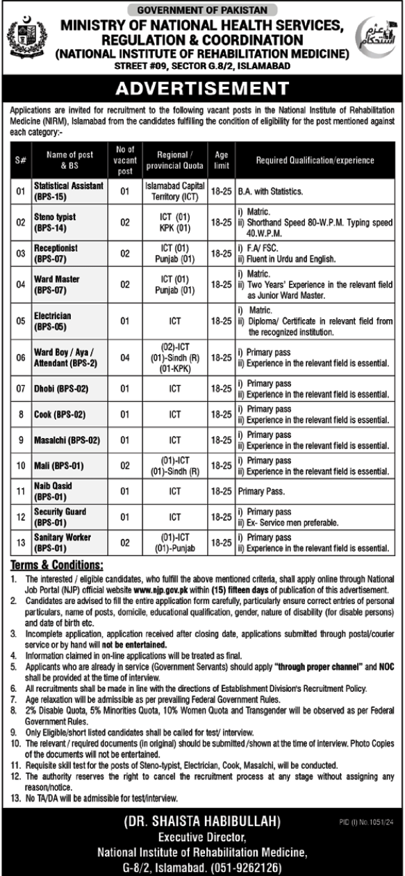 National Institute of Rehabilitation Medicine Islamabad Jobs 2024