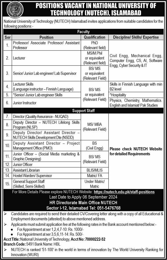 National University of Technology NUTECH Islamabad Jobs 2024