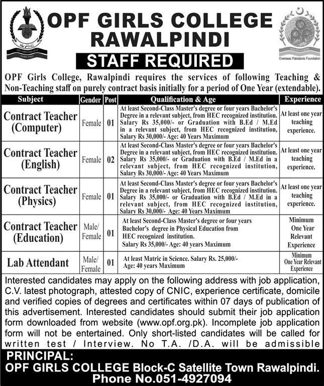 OPF Girls College Rawalpindi Latest Jobs 2024