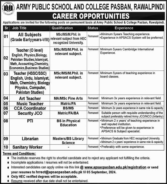 Army Public School & College APS&C Rawalpindi Jobs 2024