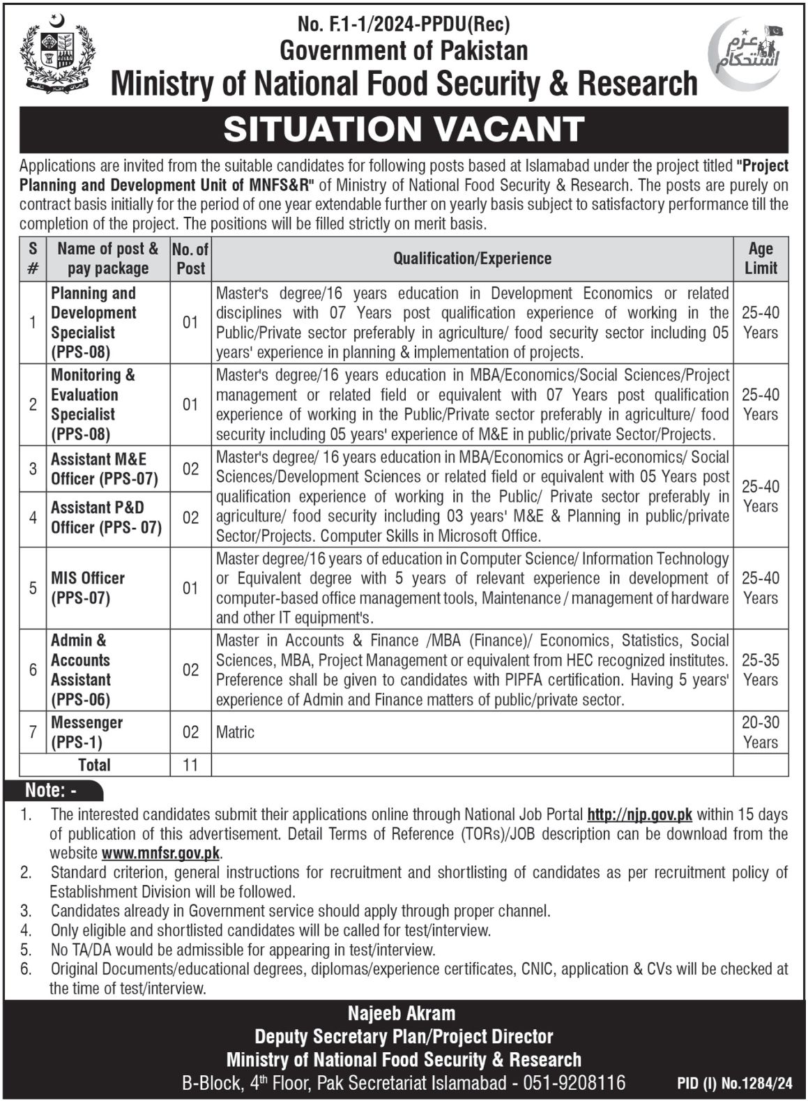 Ministry of National Food Security & Research MNFSR Islamabad Jobs 2024