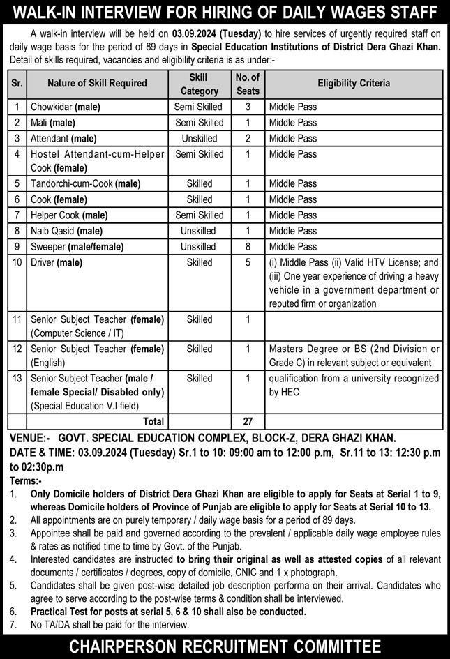 Special Education Institution SEI Dera Ghazi Khan Jobs 2024