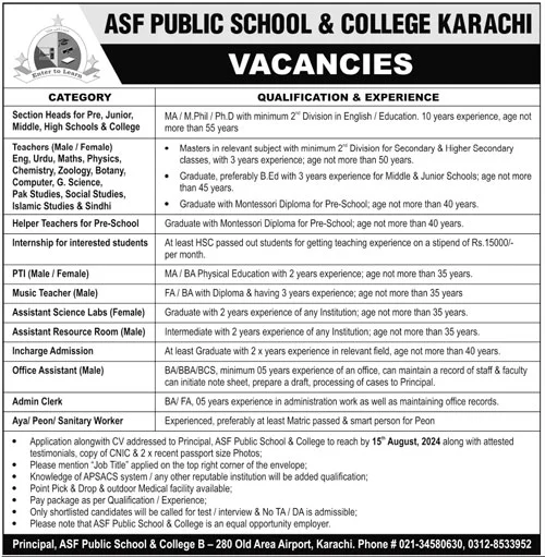 ASF Public School and College Karachi Jobs 2024