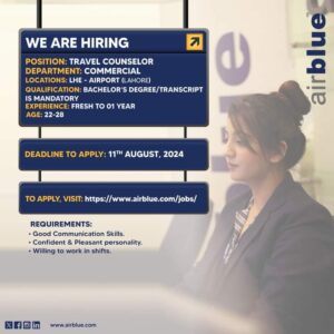 AirBlue Airline Travel Counselor Jobs 2024