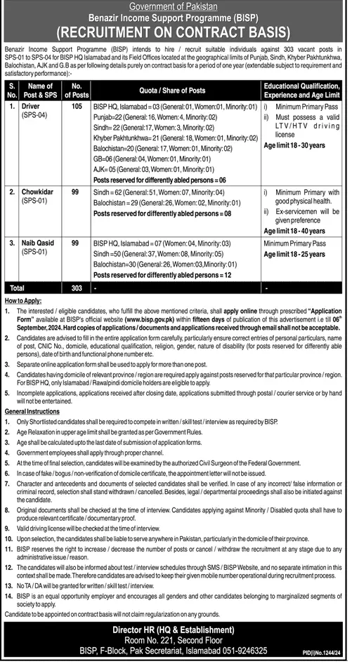 Benazir Income Support Programme BISP Islamabad Jobs 2024