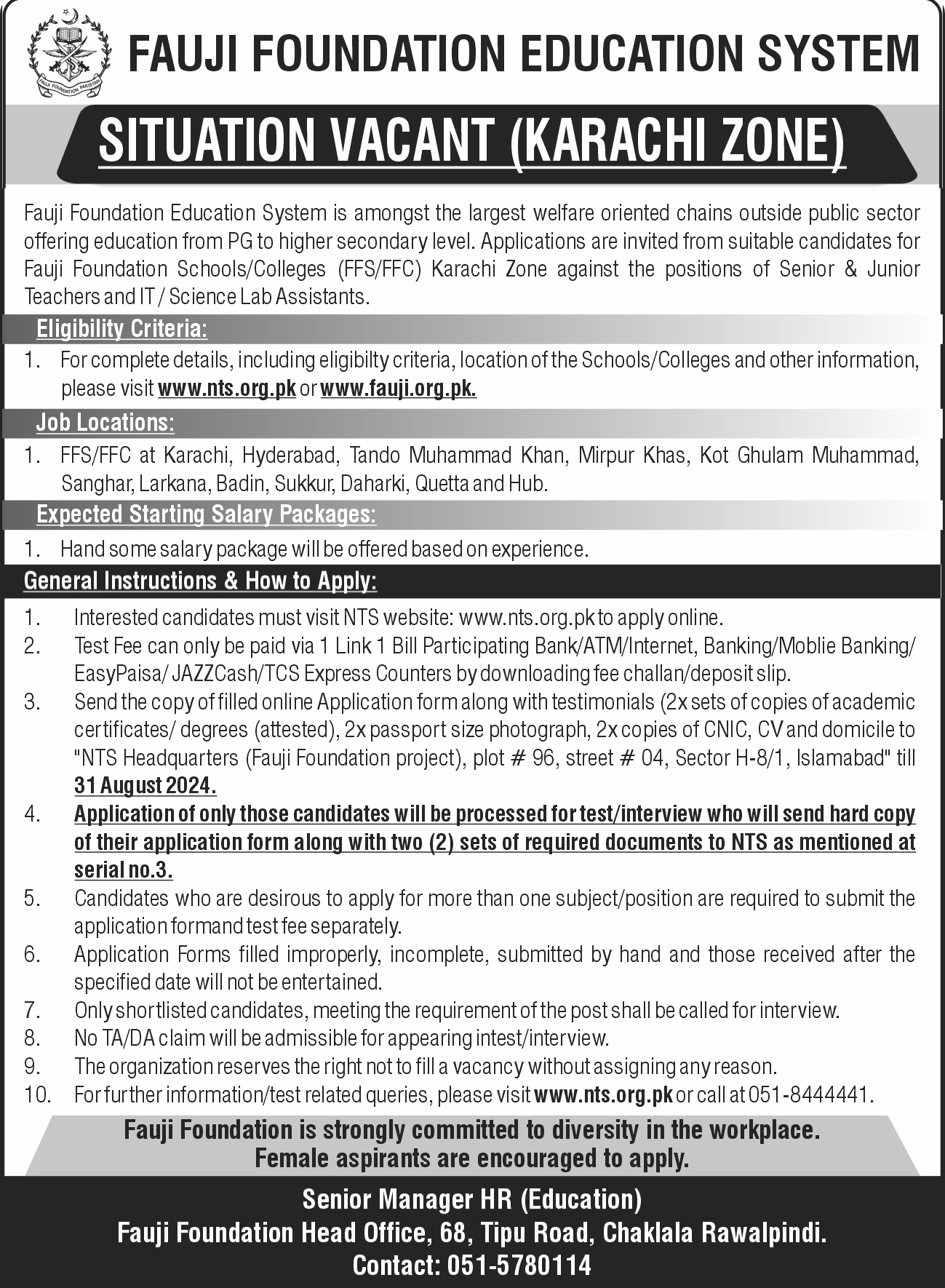 Fauji Foundation Education System ( Senior & Junior Teachers ) Karachi Jobs 2024 