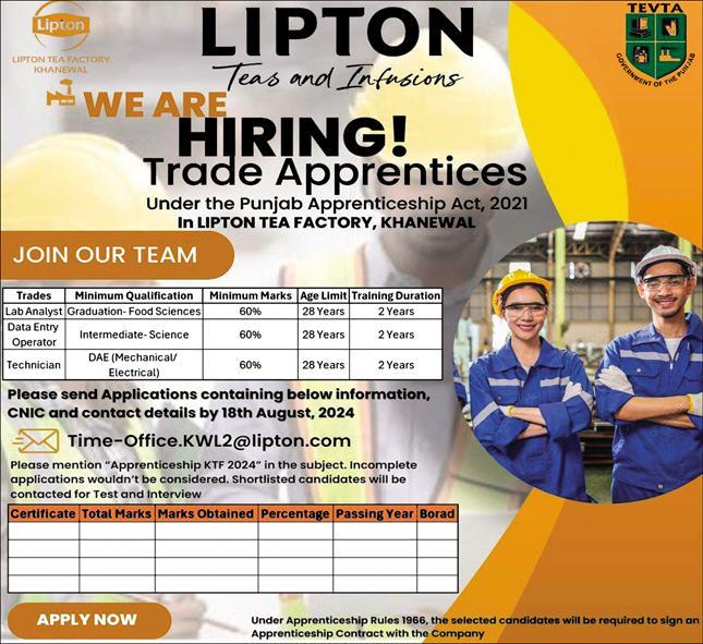 Lipton Tea Factory Khanewal Apprenticeship Program Batch 2024