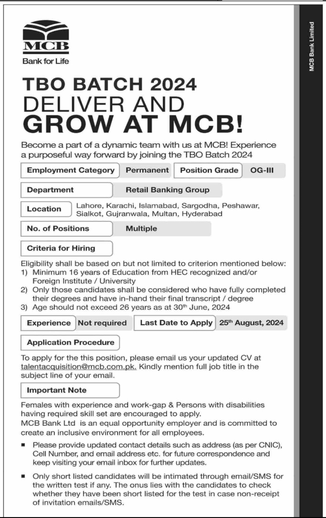 MCB Bank ( Trainee Officer OG-III ) Jobs 2024