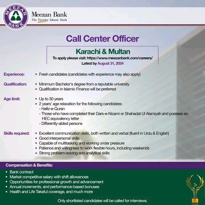 Meezan Bank Call Centre Officer Jobs 2024