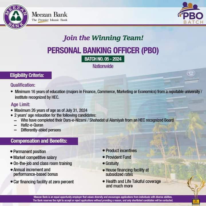 Meezan Bank Personal Banking Officer Job Opportunities 2024 