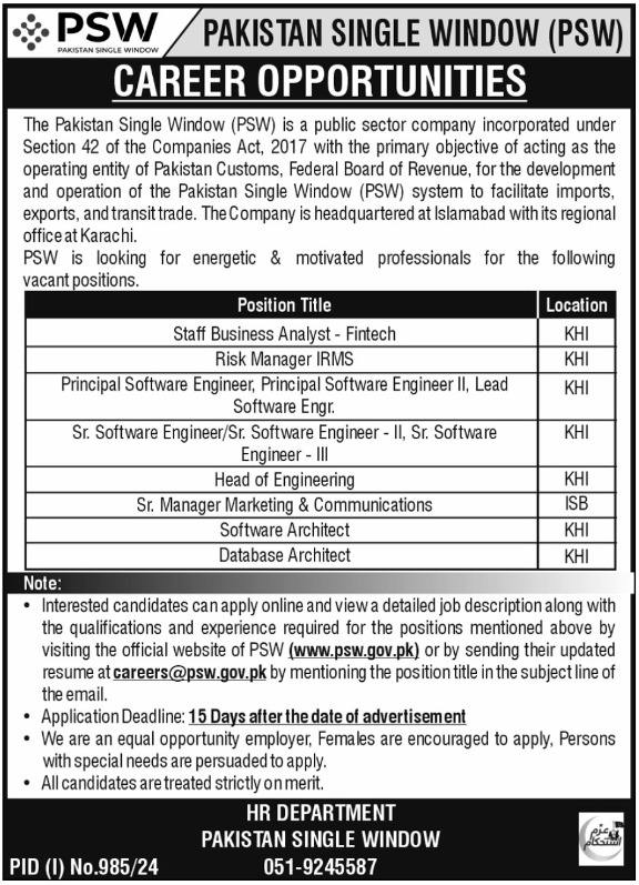 Pakistan Single Window PSW Karachi Latest Career Opportunities 2024