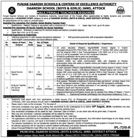 Punjab Daanish Schools Jobs 2024 