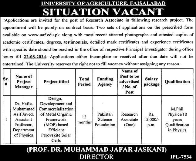 University Of Agriculture UAF Faisalabad Research Associate Jobs 2024