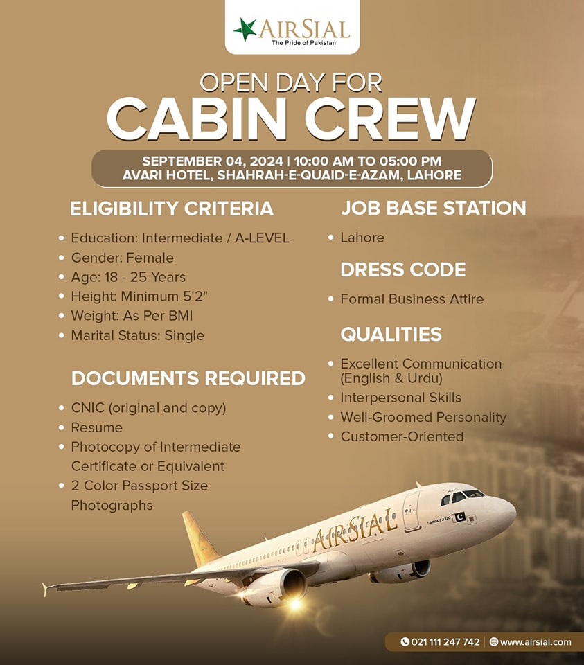 AirSial Lahore Cabin Crew Jobs 2024 