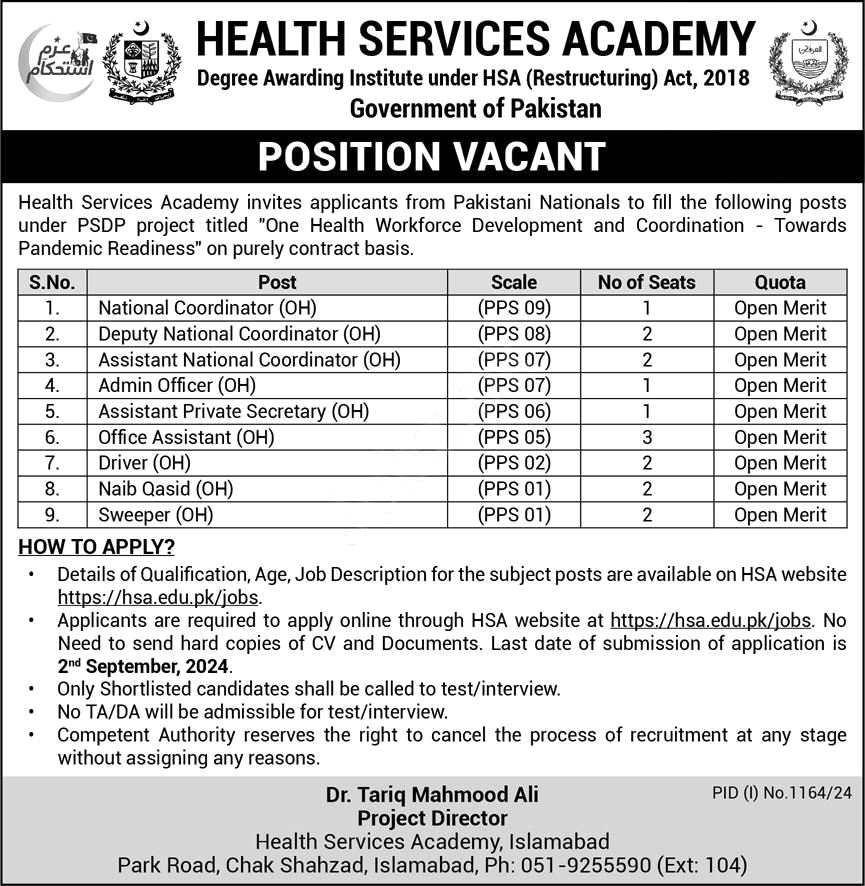 Health Services Academy Islamabad Job Opportunities 2024