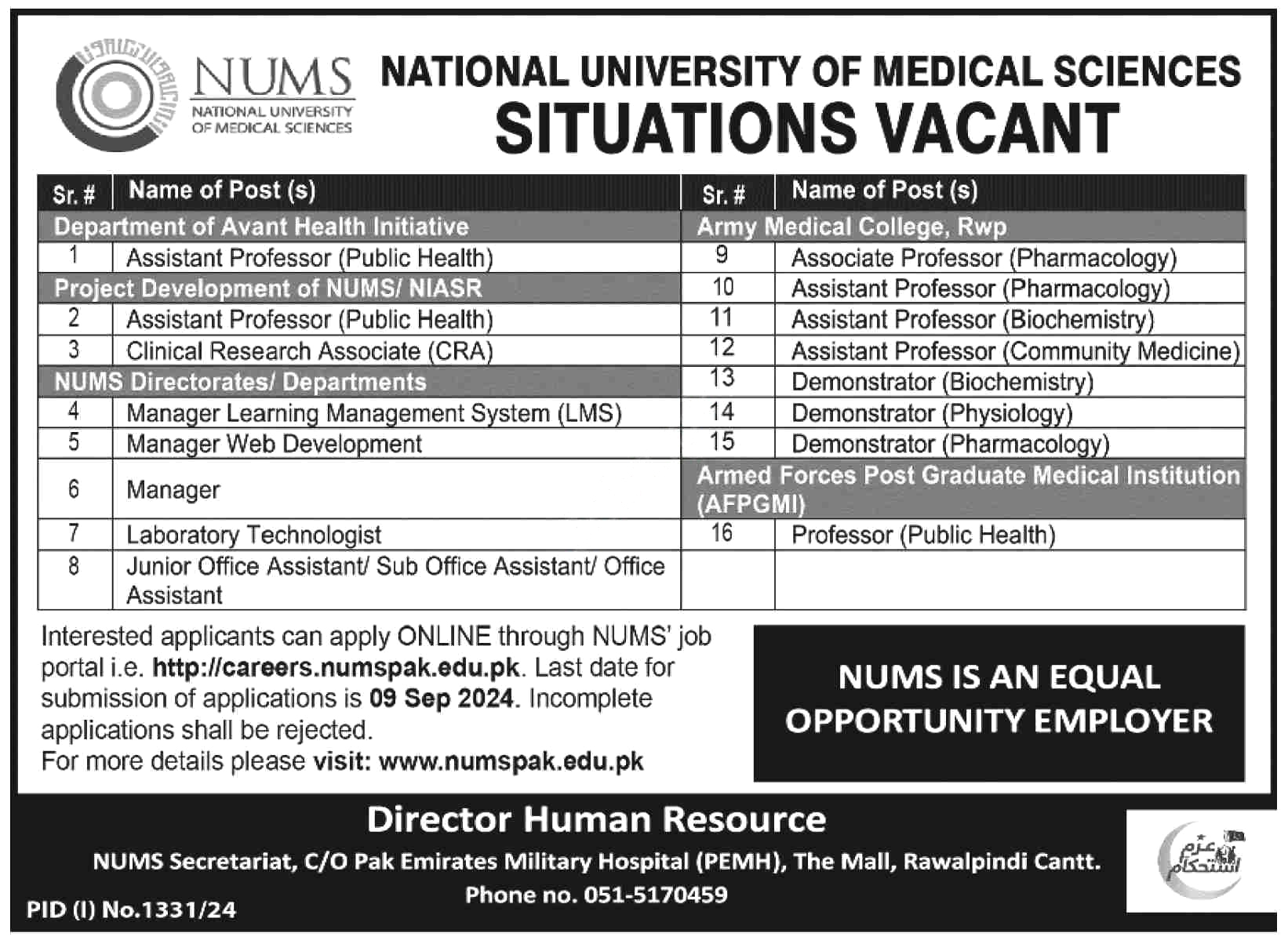 National University Of Medical Sciences NUMS Rawalpindi Jobs 2024