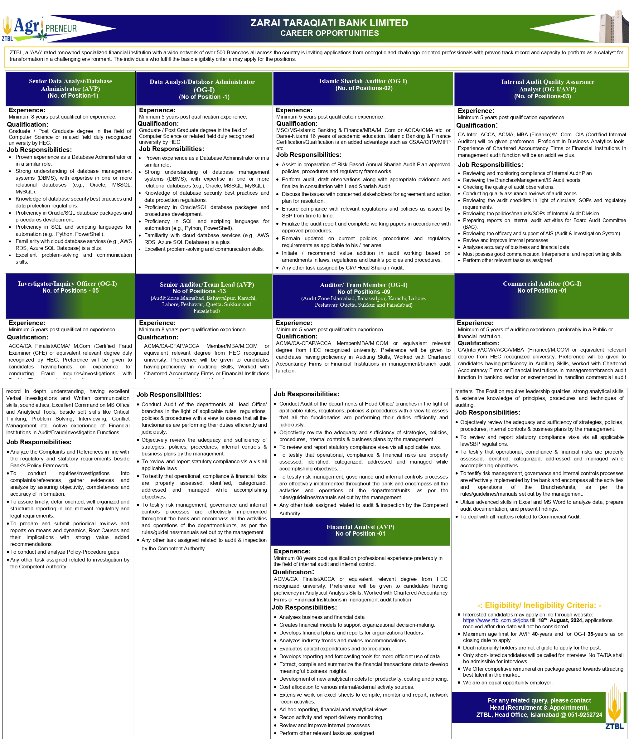 Zarai Taraqiati Bank Limited ZTBL Islamabad Jobs 2024