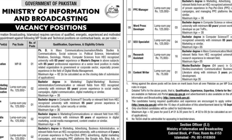 Ministry of Information and Broadcasting Islamabad Jobs 2024