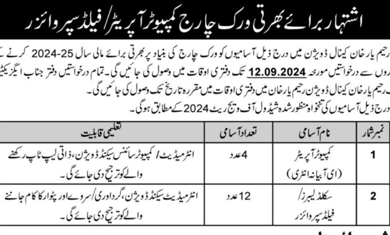 Canal Division Rahim Yar Khan Jobs Notice 2024