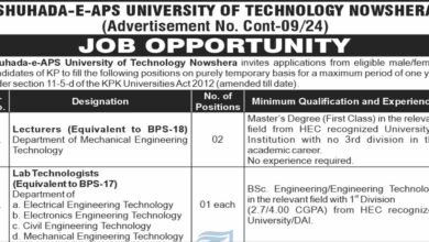 Shuhada-E-APS University Of Technology Nowshera Jobs Notice 2024