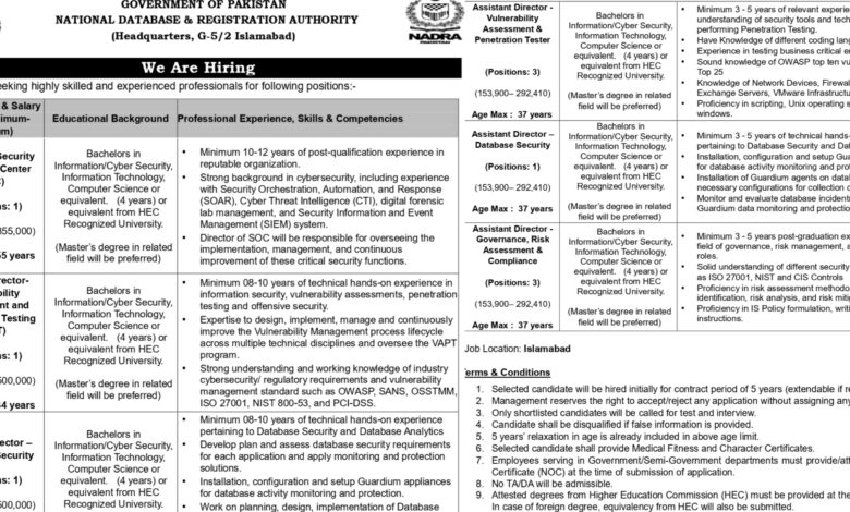 National Database & Registration Authority NADRA Islamabad Jobs Notice 2024