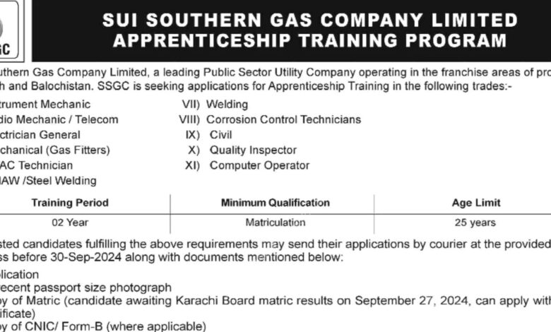 SSGC Apprenticeship Program Notice 2024