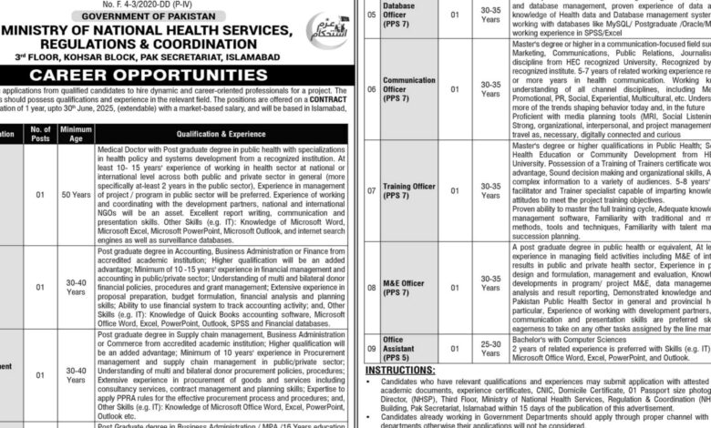 Ministry of National Health Services Regulations & Coordination NHSRC Islamabad Jobs Notice 2024