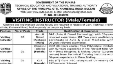 TEVTA Multan Visiting Instructor Jobs Notice September 2024