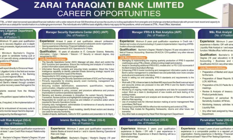 Zarai Taraqiati Bank Limited ZTBL Islamabad Jobs Notice 2024